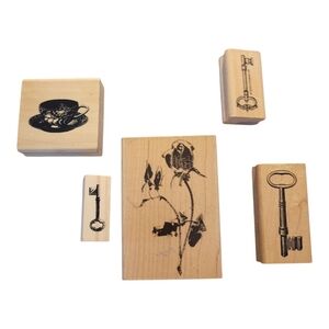 Bundle Of 5 Wood Block Rubber Stamps Rose Keys Teacup Art Crafts